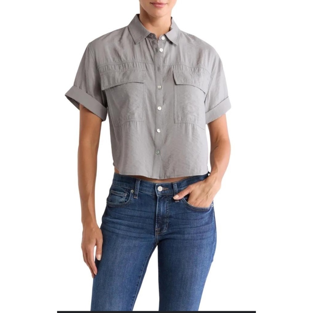 Madewell Central Drapey Shirt L Gray Short Sleeve Boxy Button Front Top - Picture 4 of 8